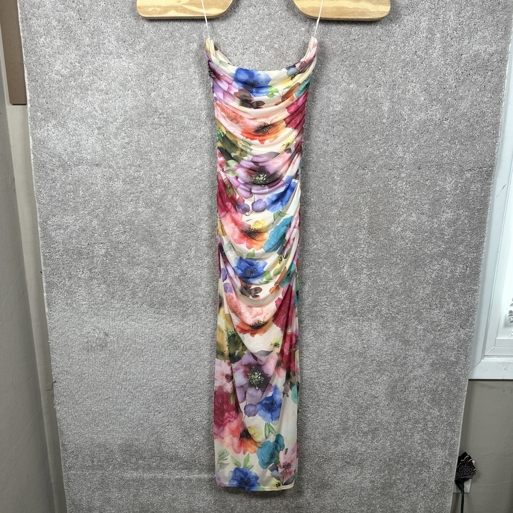 AFRM Marlo Ruched Mesh Strapless Midi Dress in Watercolor Resort Wear Size M